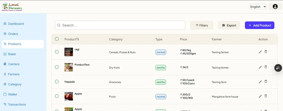 Product list with search and filters