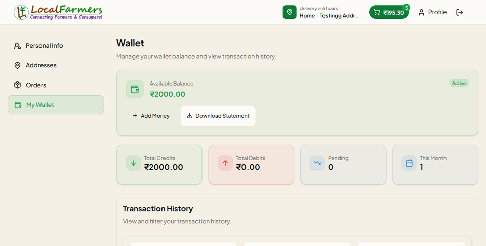 Wallet balance and transaction history