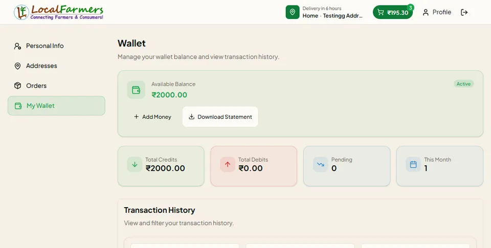 Wallet balance and transaction history